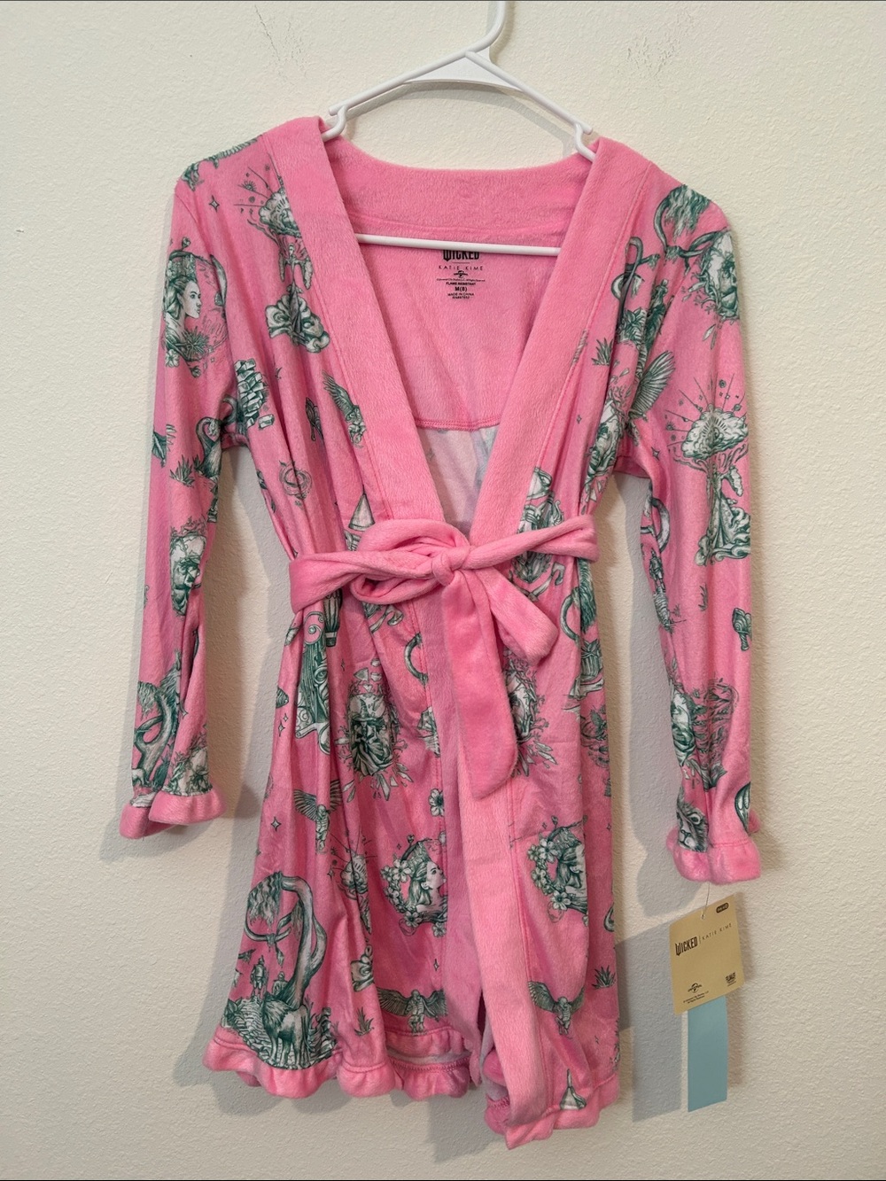 Girls' Pink Hooded Fleece Robe with Belt and Teal Print